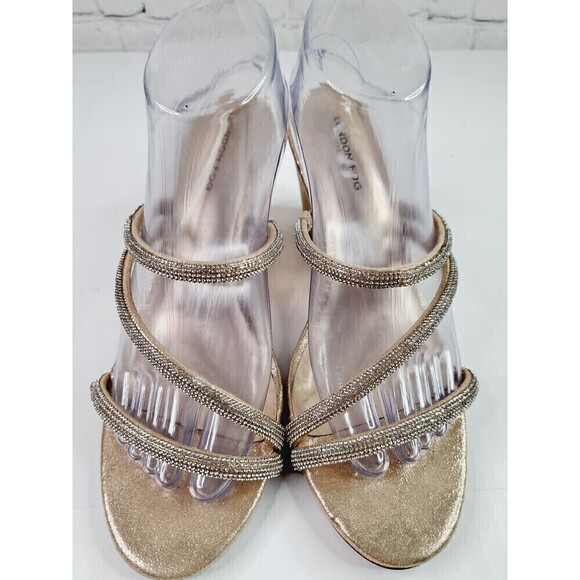 LONDON Fog Deserae Strappy Rhinestone Champagne Gold Wedge Sandals Size 10 - Picture 1 of 9